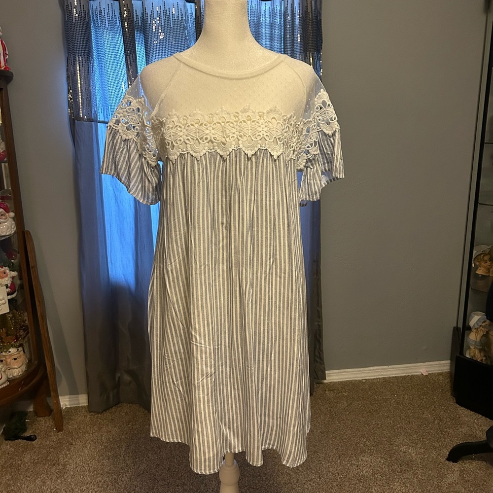 Blue Striped Dress with Lace Accent